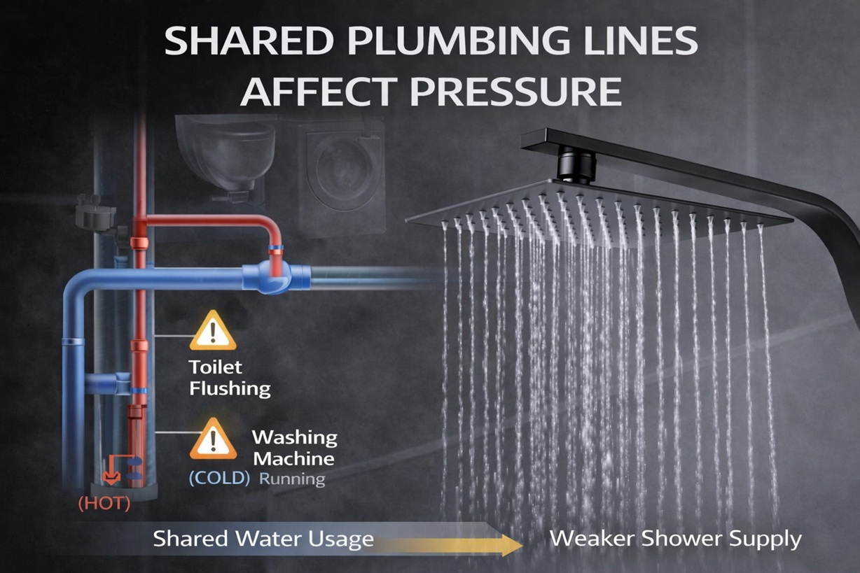 Shared plumbing lines affecting shower water pressure in commercial systems — diagram showing pressure loss in multi-fixture environments